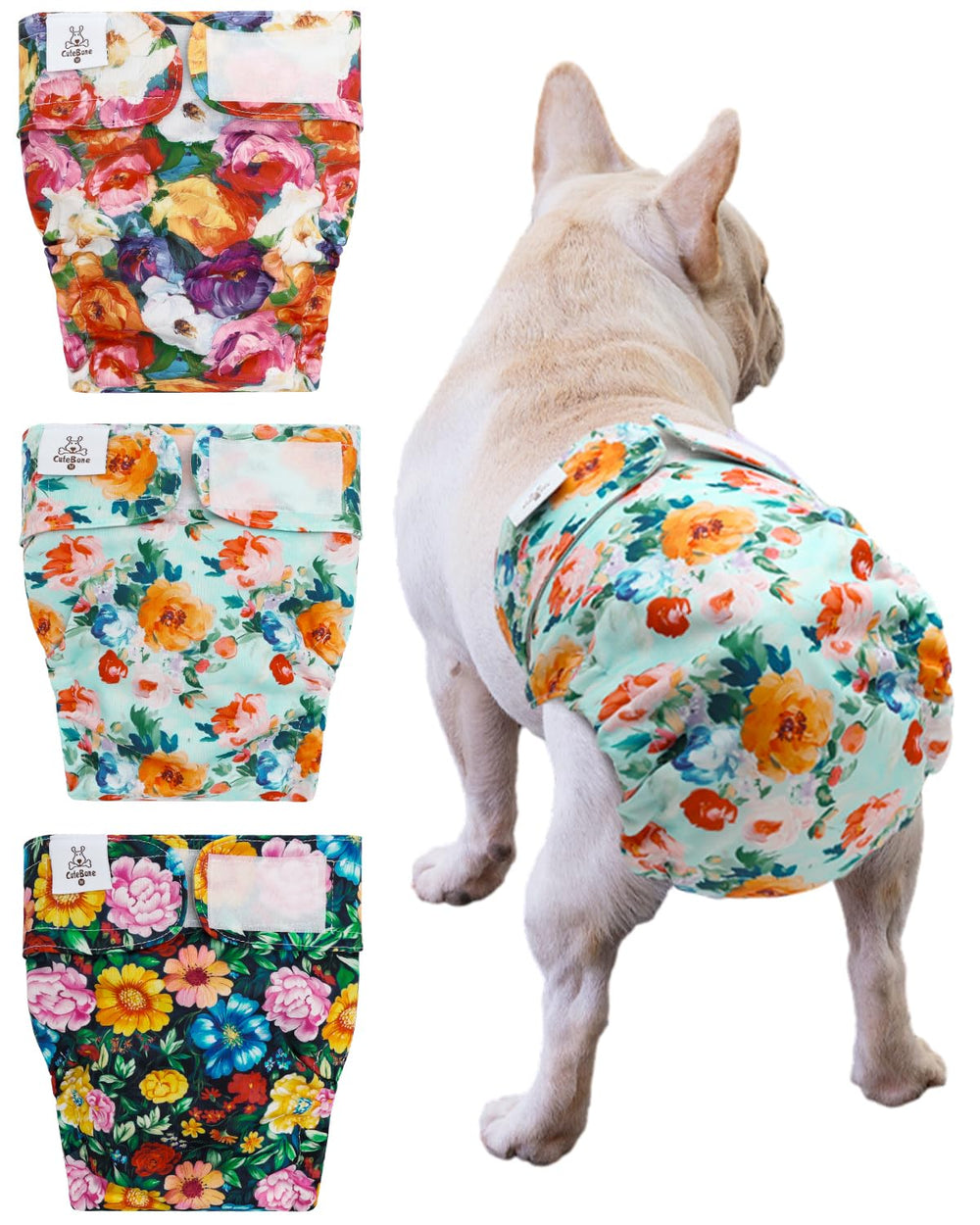 CuteBone washable dog diapers no tail hole pack 3 front view reduce leaks during wear.