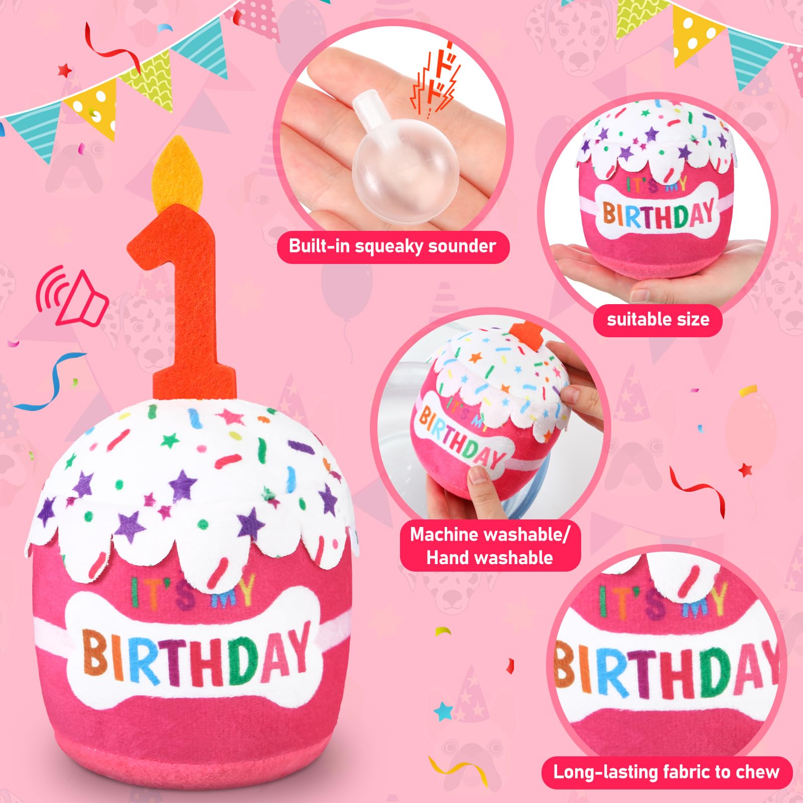 Cutecrop dog 1st-birthday squeaky cake toy—soft plush for play and teething