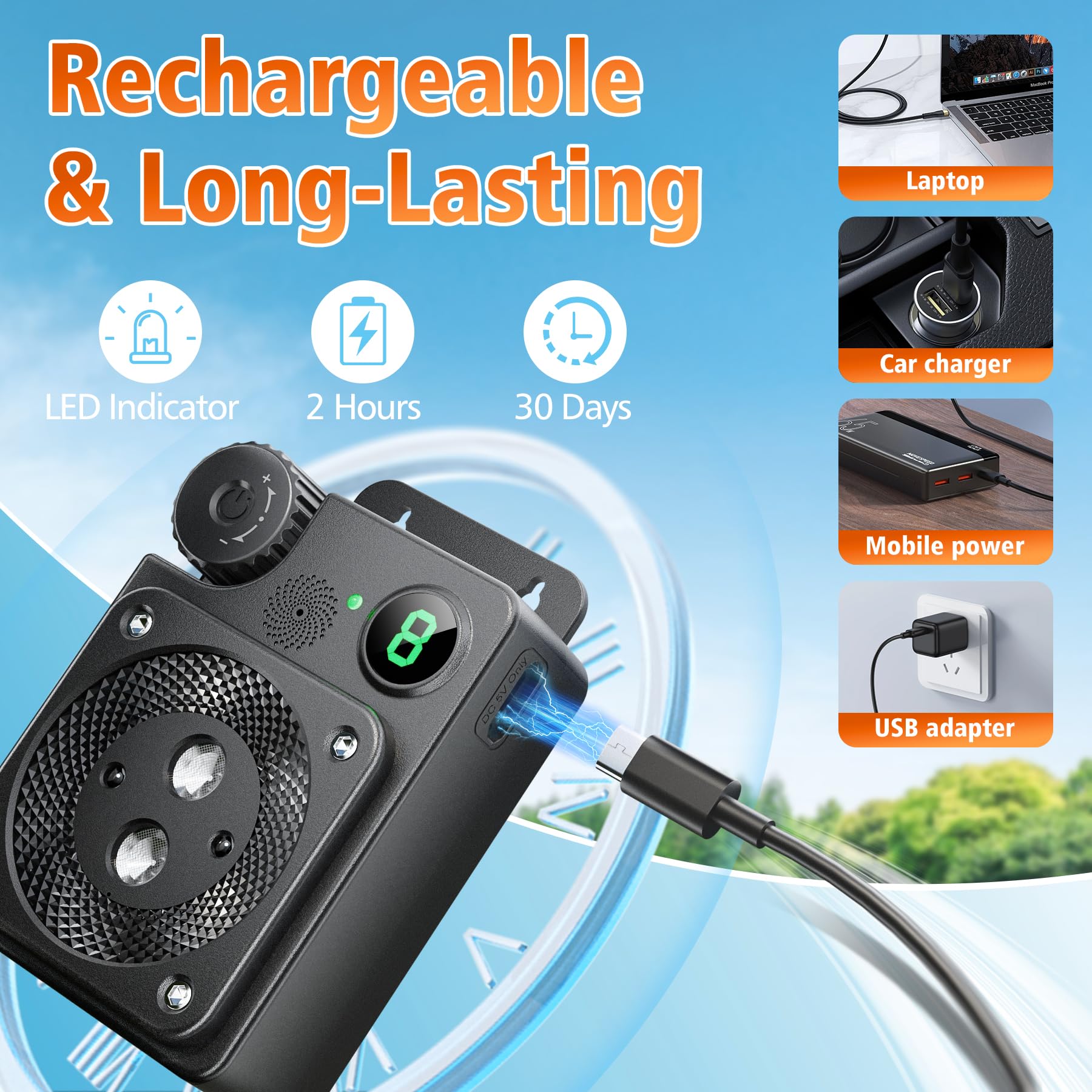 Cuukiee 2000mAh rechargeable battery powered deterrent for long lasting use.