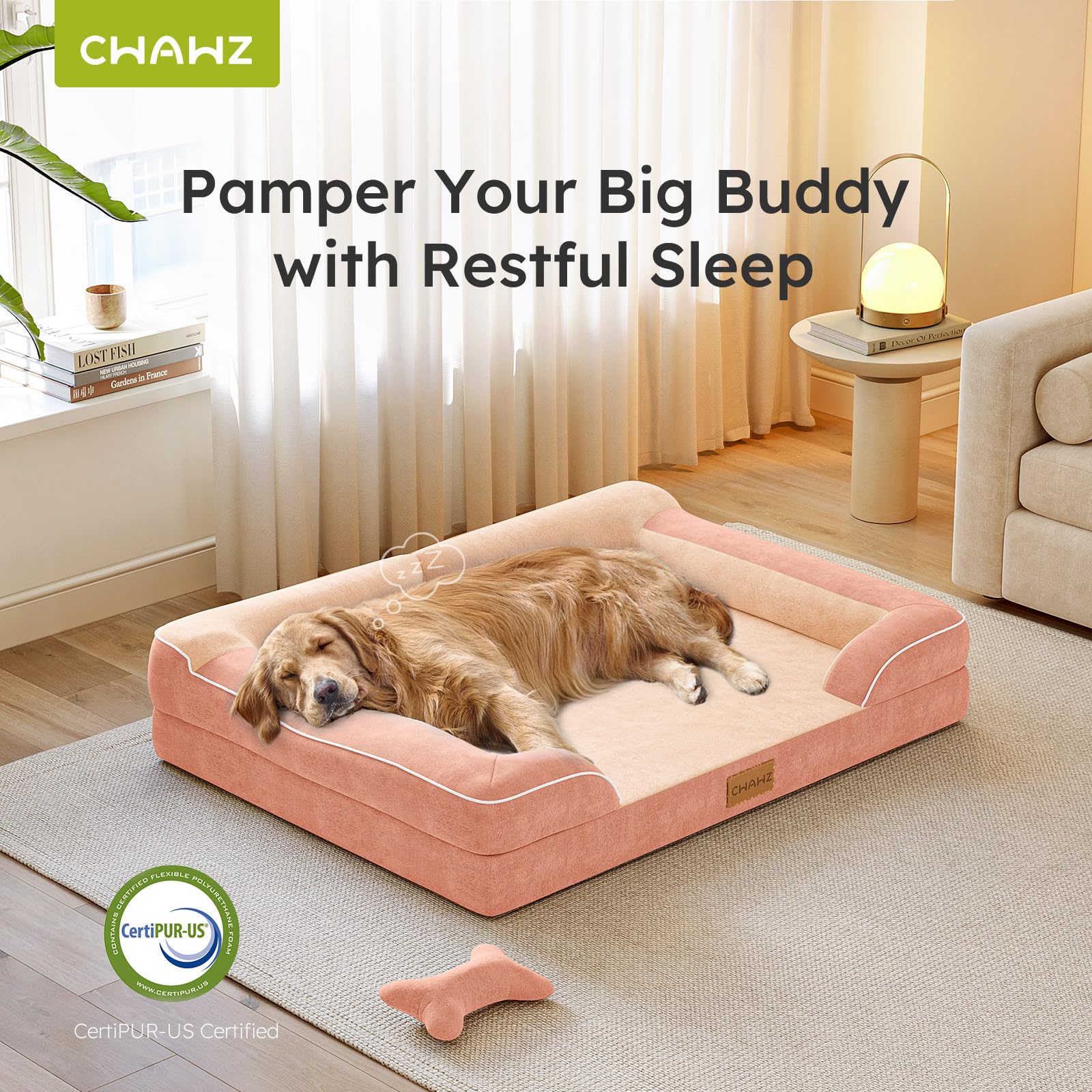 CWAWZ dog bed dutch-velvet-peach-pink offers plush, calming aesthetics.