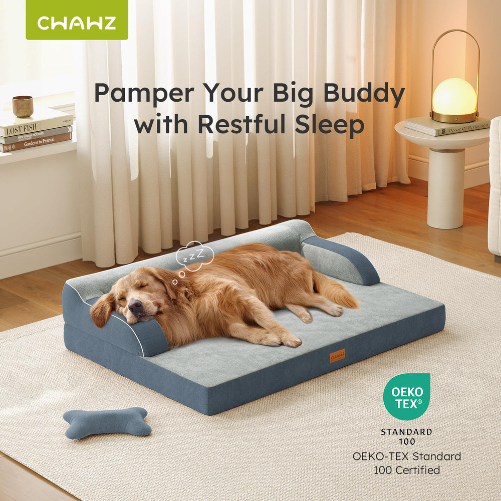 CWAWZ XL dog bed side with bolsters demonstrates neck support and lounging options.