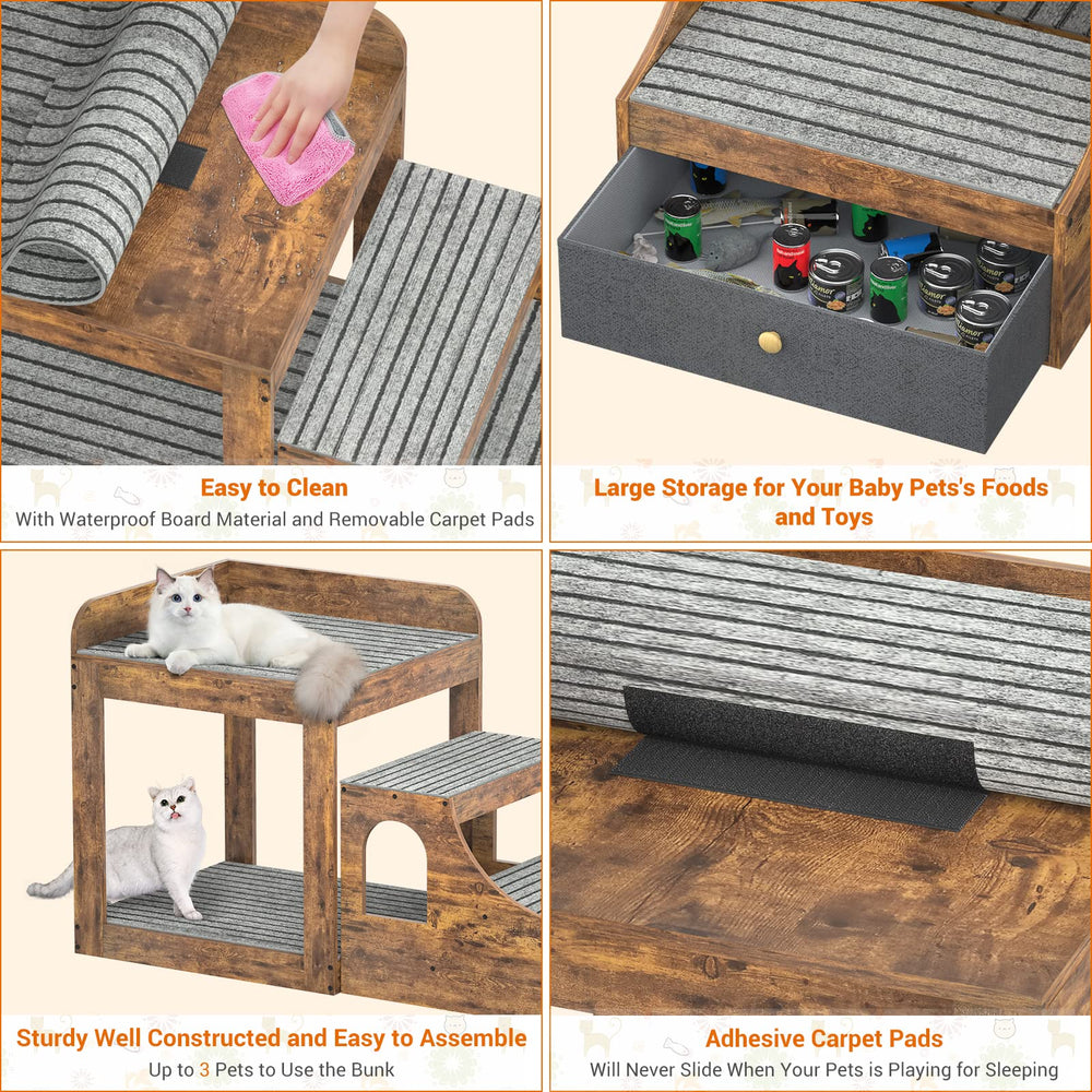 Cyclysio bunk bed drawers storage front reveals built-in toy storage.