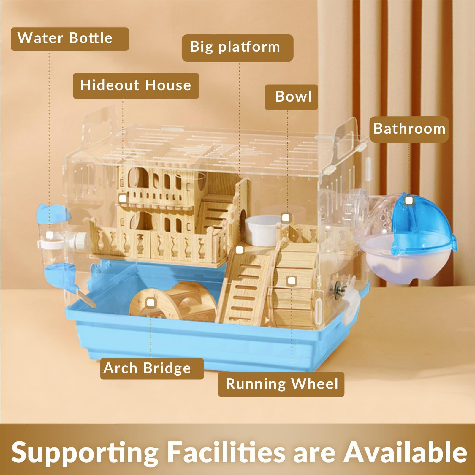 Cycodo 8-in-1 acrylic hamster cage blue side view highlights spacious interior for play and exploration.