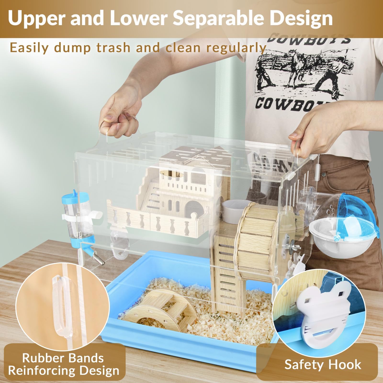 Cycodo hamster cage blue accessories kit see wooden hideout and wheel for grooming and exercise.