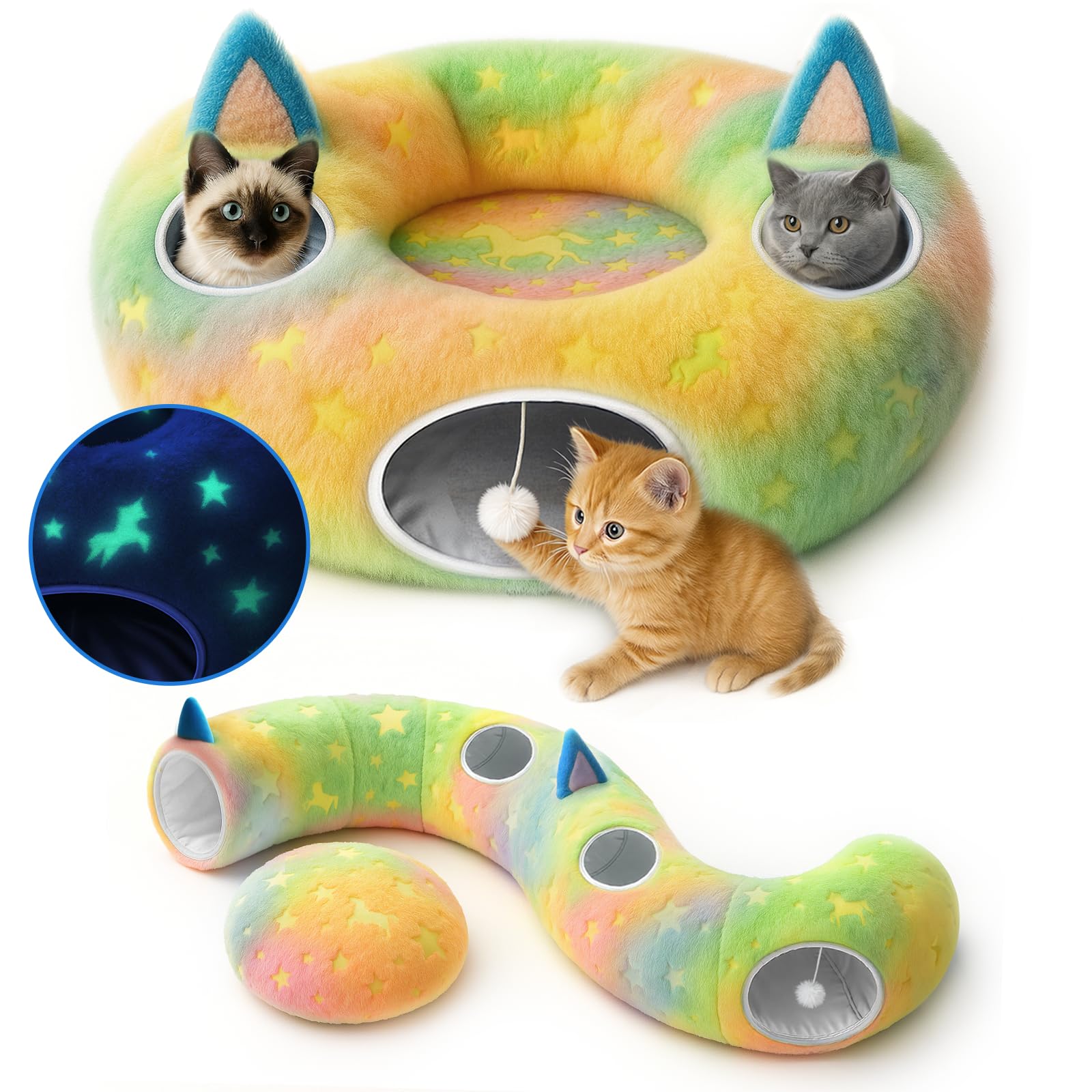 Cycodo luminescent donut tunnel bed glows at night for safe kitten exploration