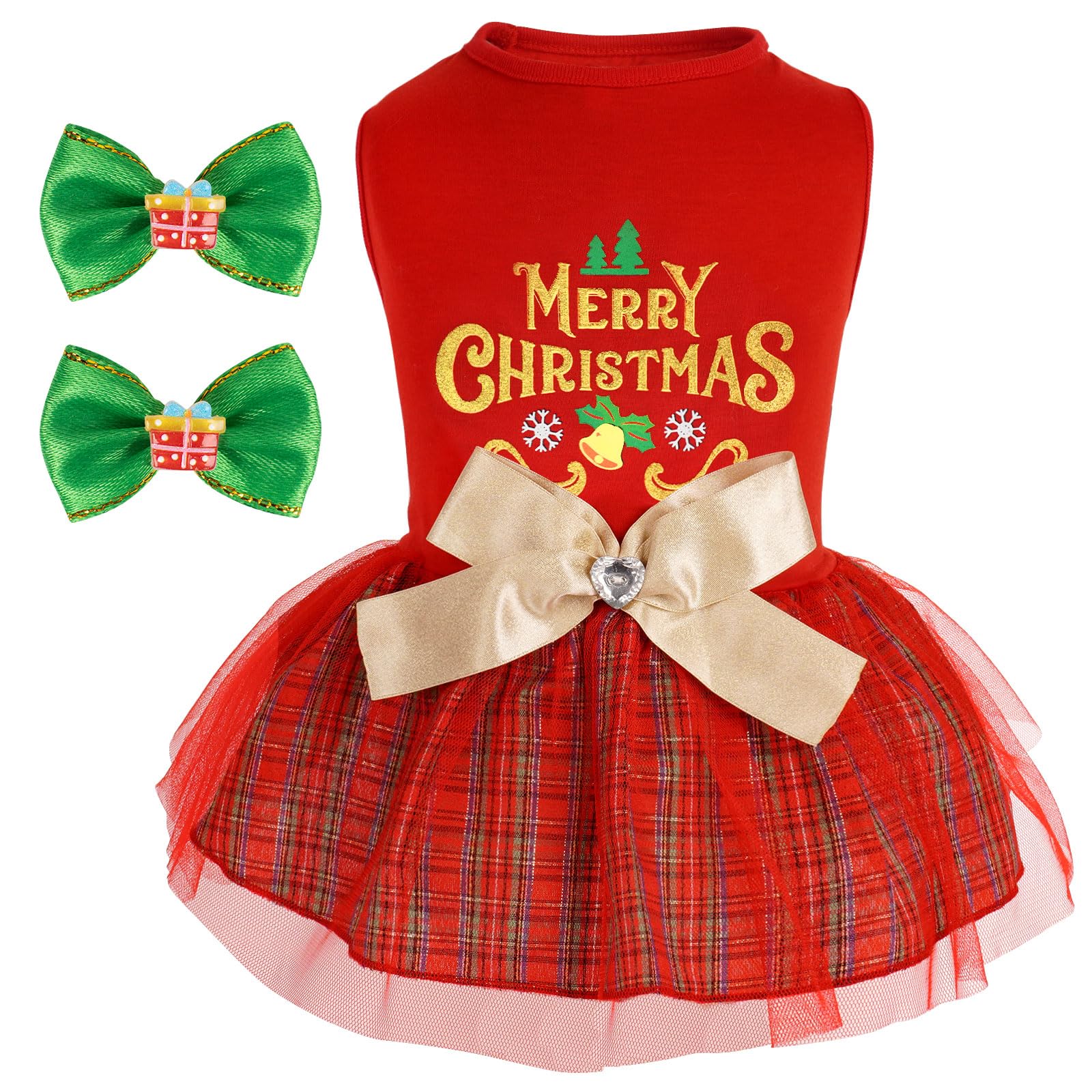 Cyeollo Christmas dog dress with plaid bowtie for festive small dogs.