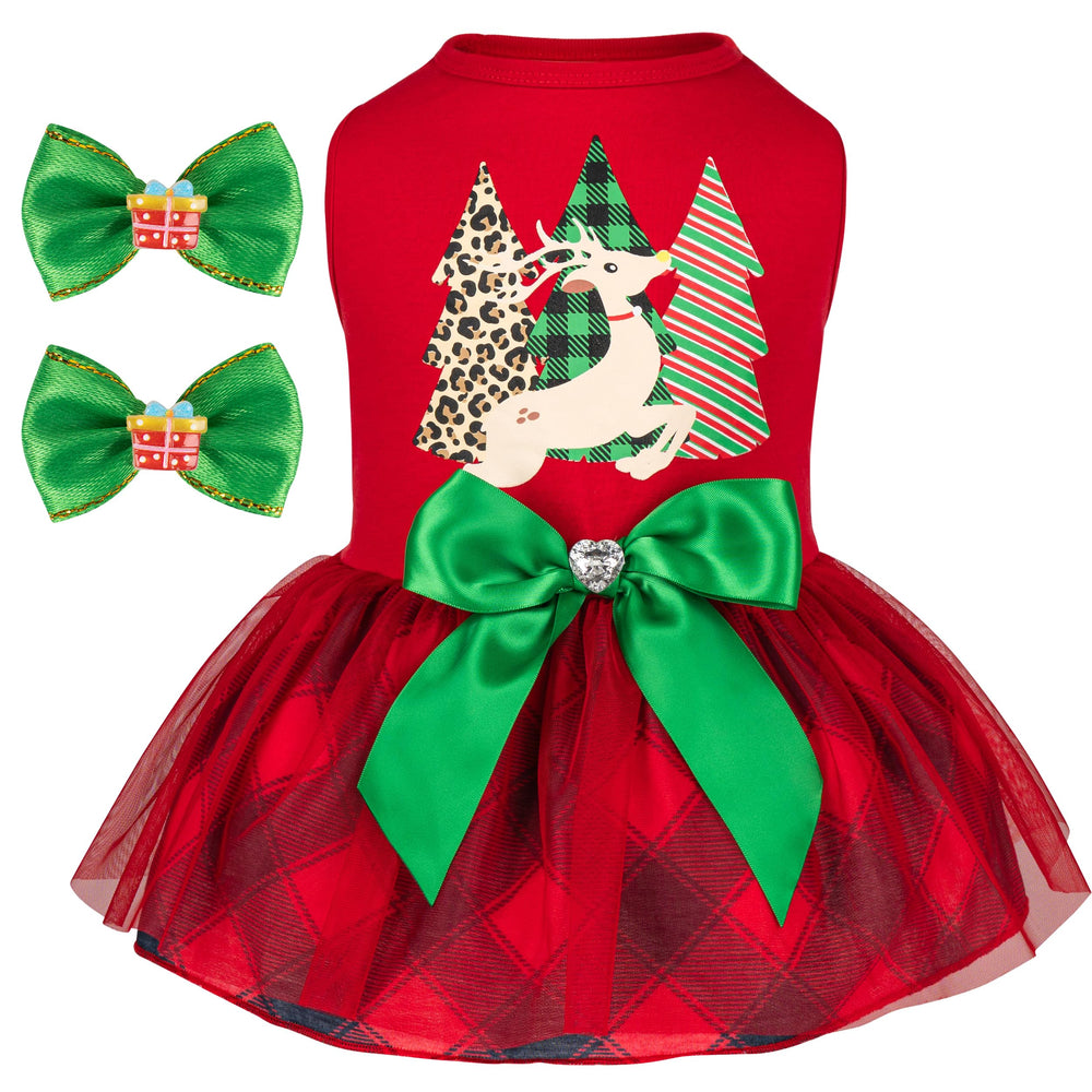 cyeollo dog christmas dress red plaid on small dog, festive photo-ready attire.