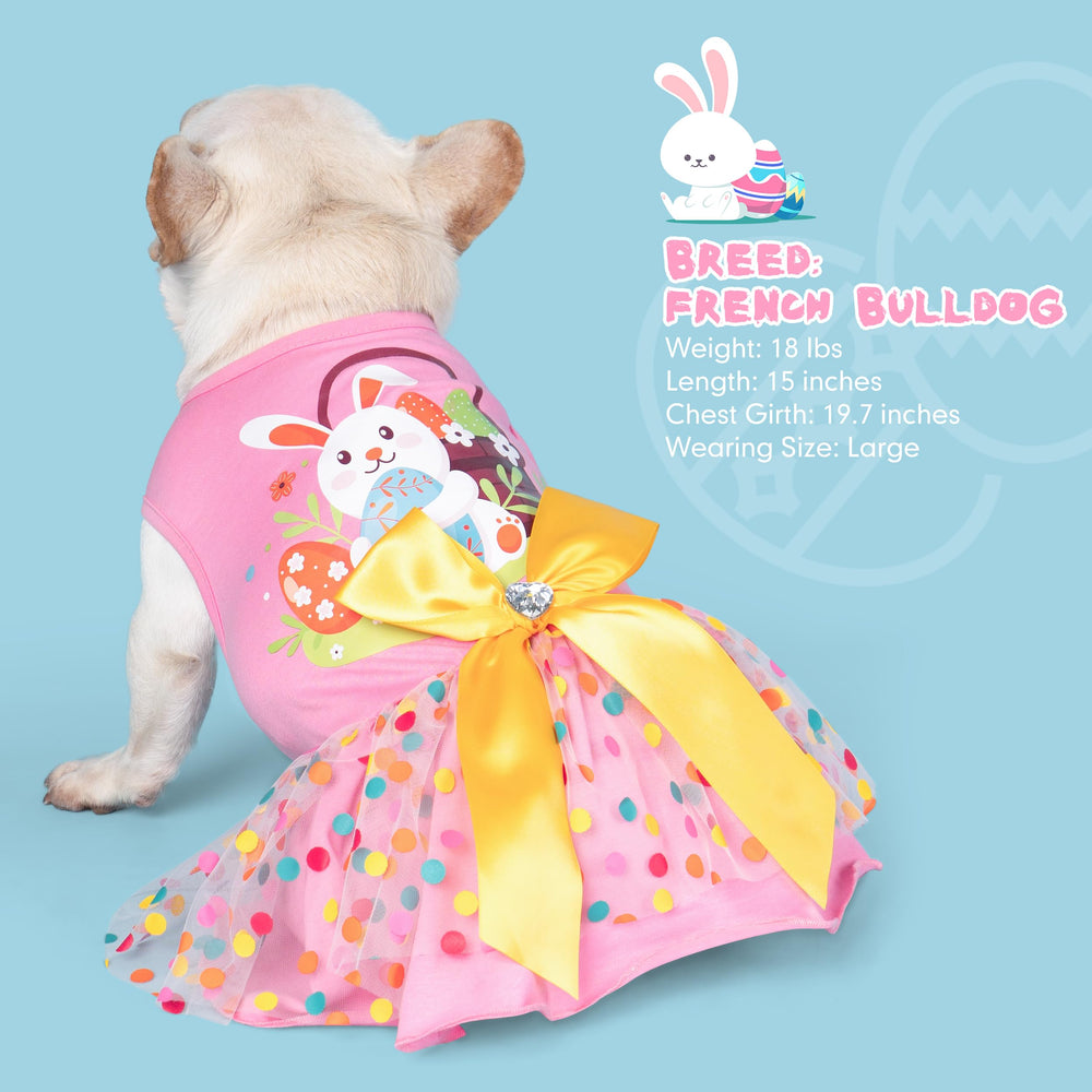 Cyeollo bunny-egg print dress detail with bowtie for cute Easter wear.