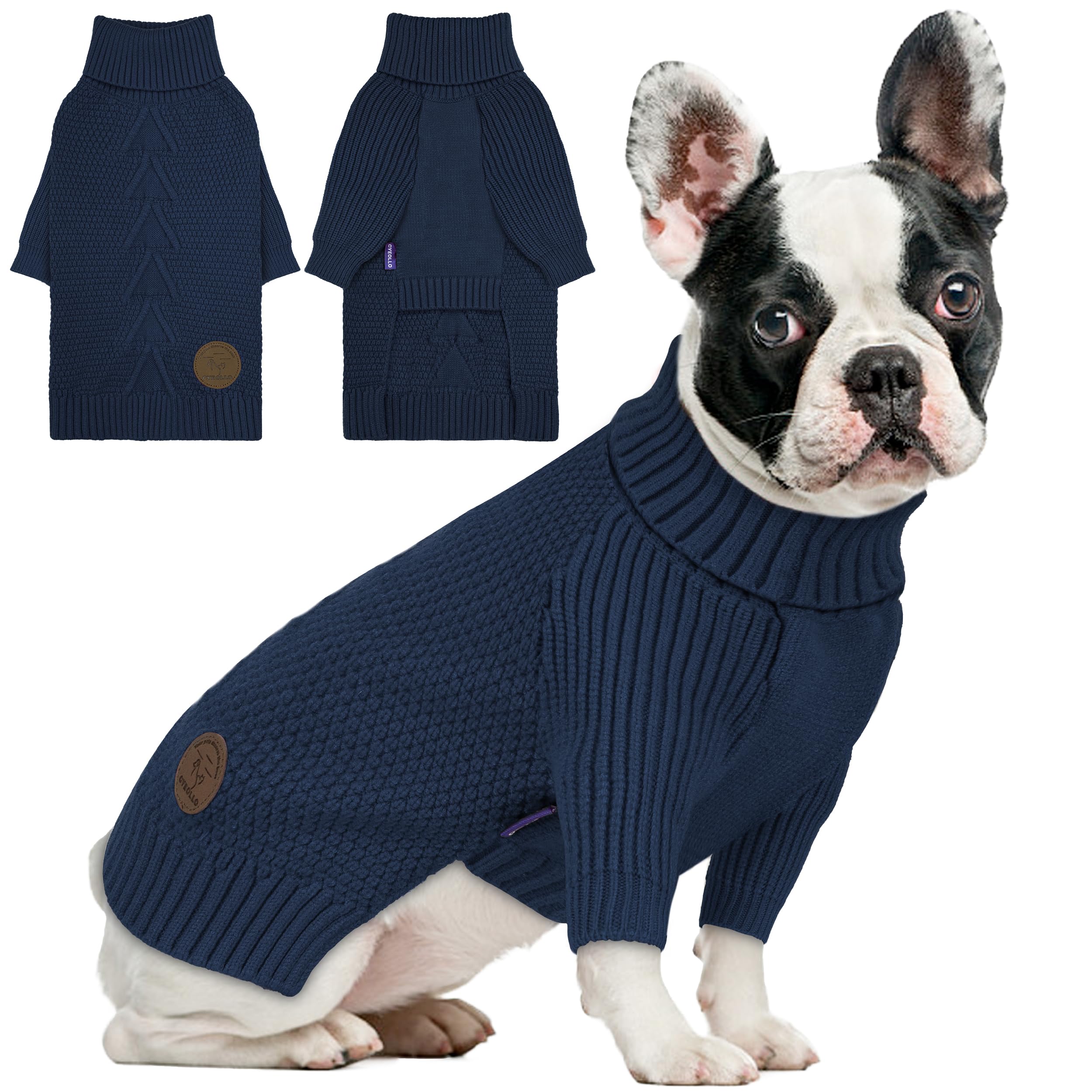 Cyeollo front view of the navy dog sweater shows warm knit for small dogs.