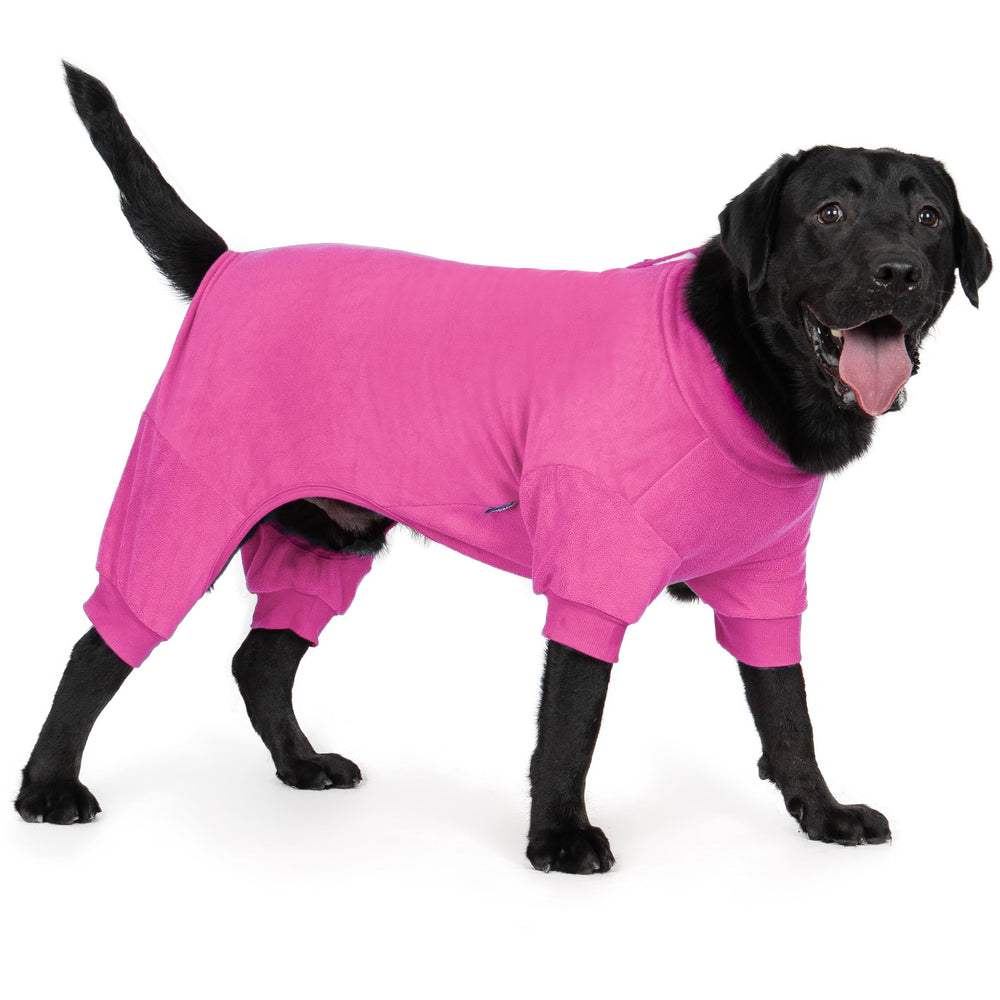 Cyeollo fleece dog pajamas front view in fuchsia, cozy warmth for cold days.