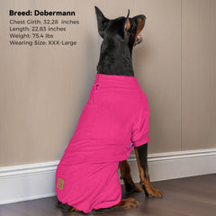 Cyeollo fleece dog pajamas side stretch in fuchsia, supports flexible movement.
