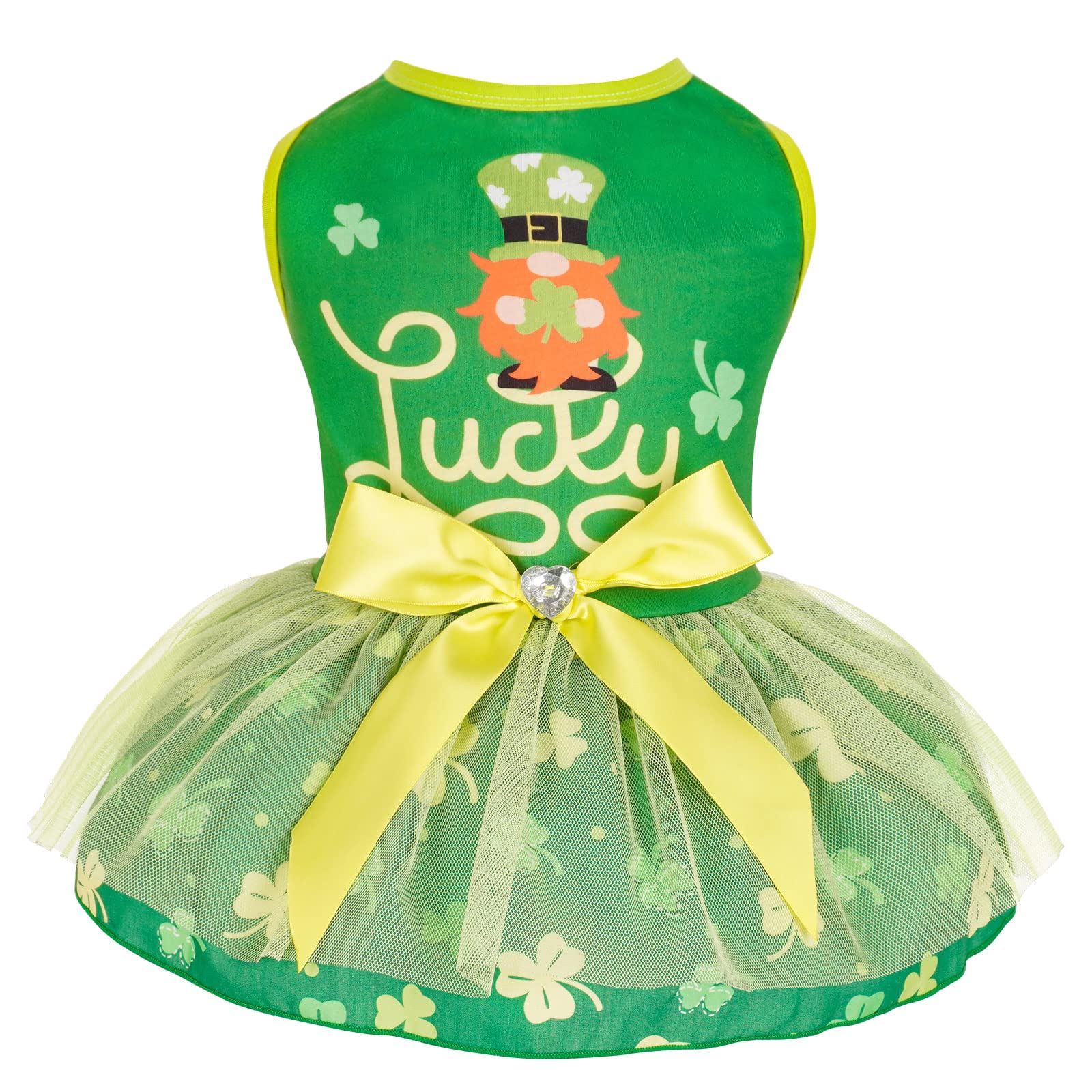 Cyeollo St. Patrick's Day dog dress front view with shamrock bowtie for festive flair