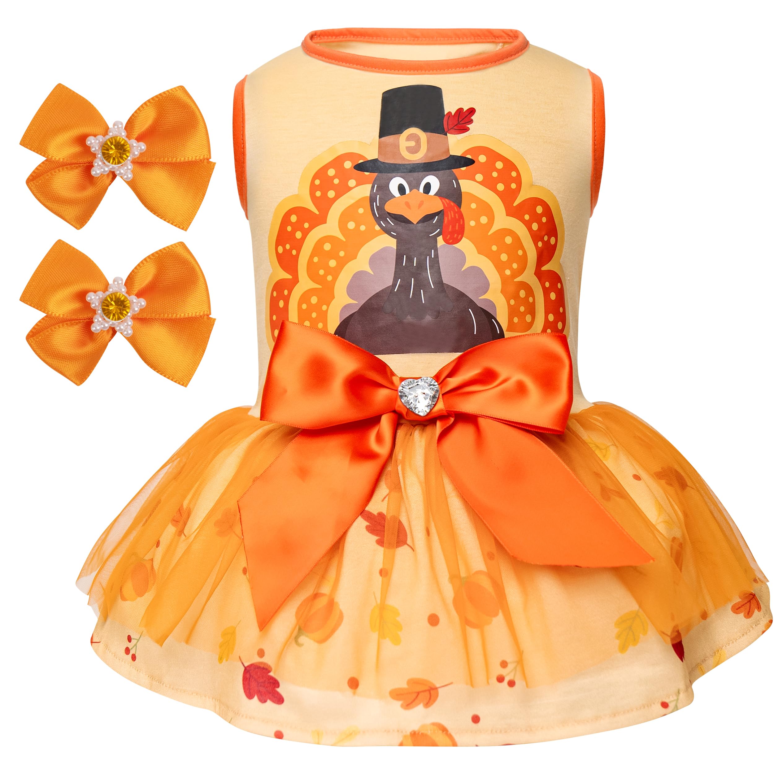 cyeollo Thanksgiving dog dress with turkey prints for stylish holiday photos