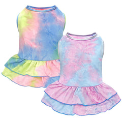 Cyeollo tie-dye dog dress front view, ideal for stylish outdoor adventures.