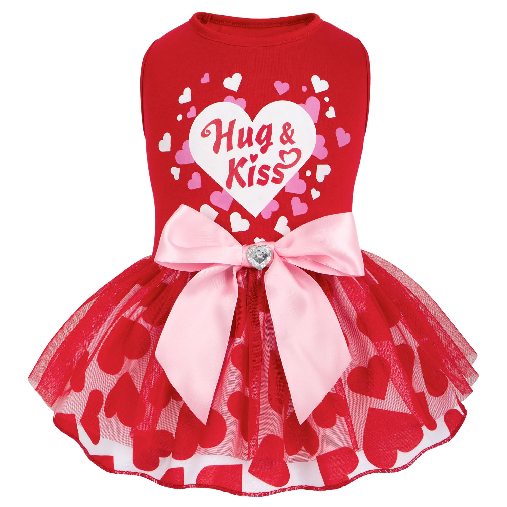 Cyeollo Valentine's heart-print dog dress is shown on a small dog for festive photos.