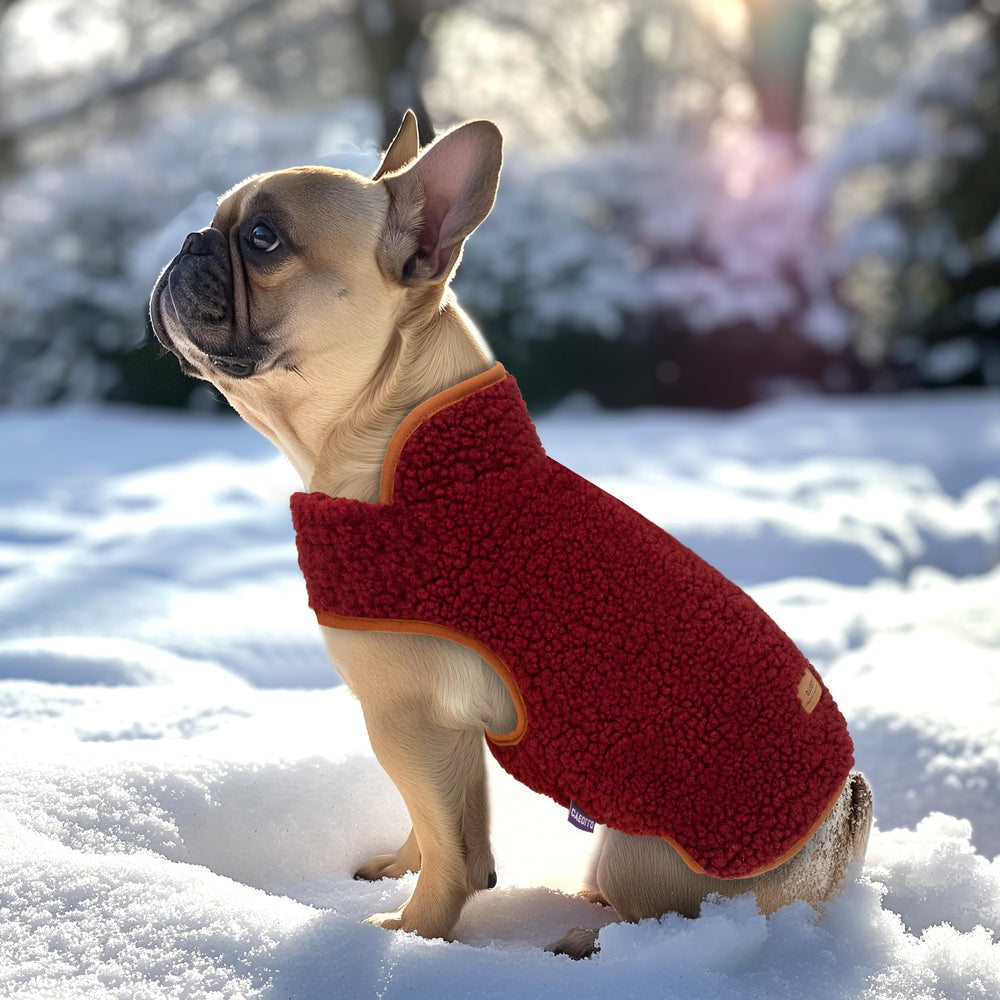 cyeollo warm dog coat sherpa outer side shows rich burgundy color and soft texture
