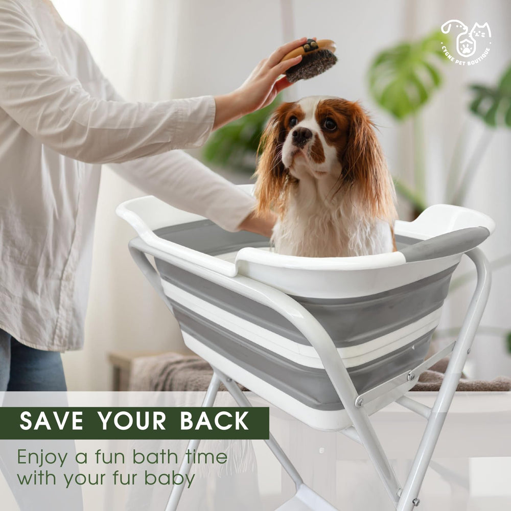 CYGNE elevated dog bath height 37.4 inches eases bending during bath time.