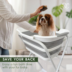 CYGNE elevated dog bath height 37.4 inches eases bending during bath time.