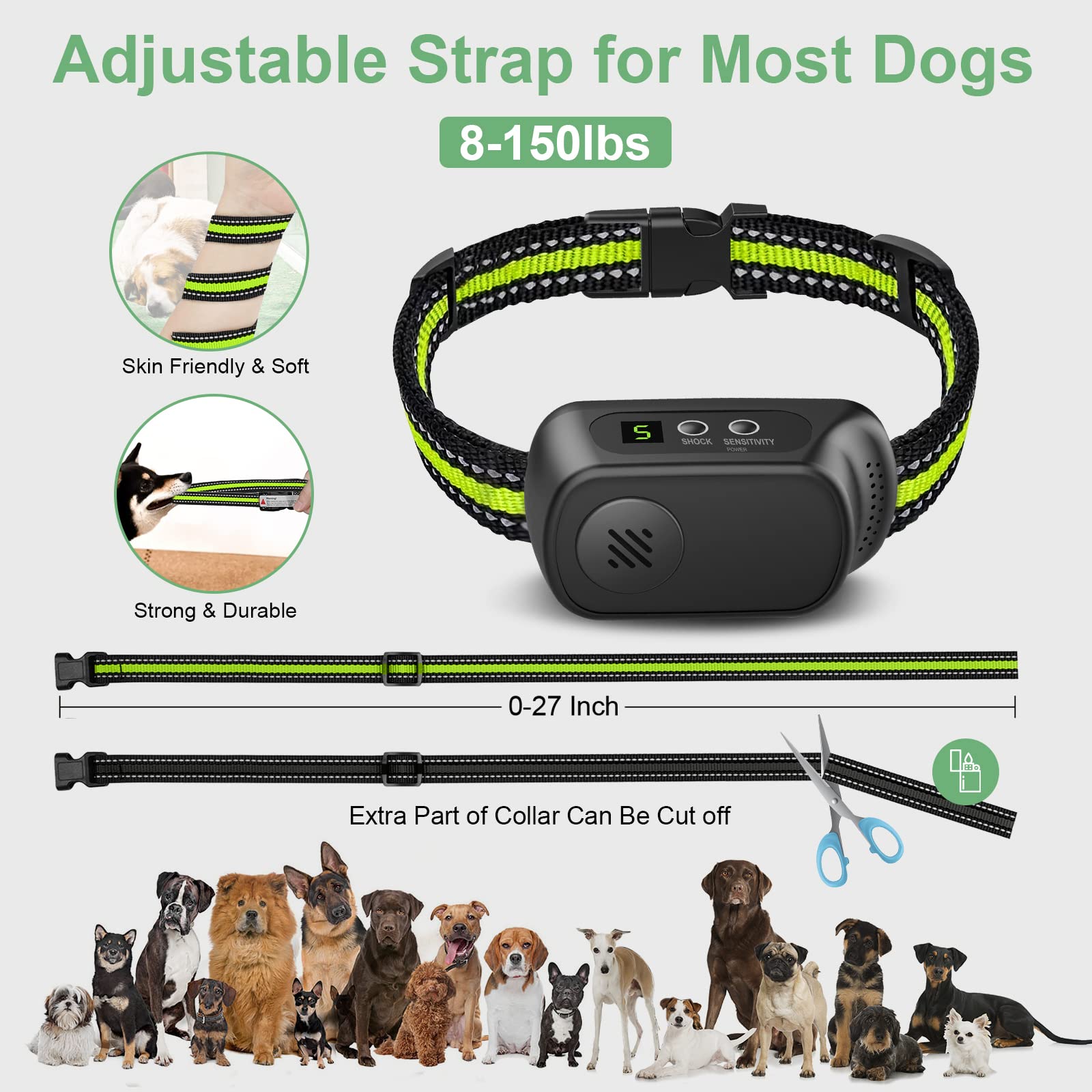 CZCCWD bark collar vibration mode button highlights non-shock training options for dogs