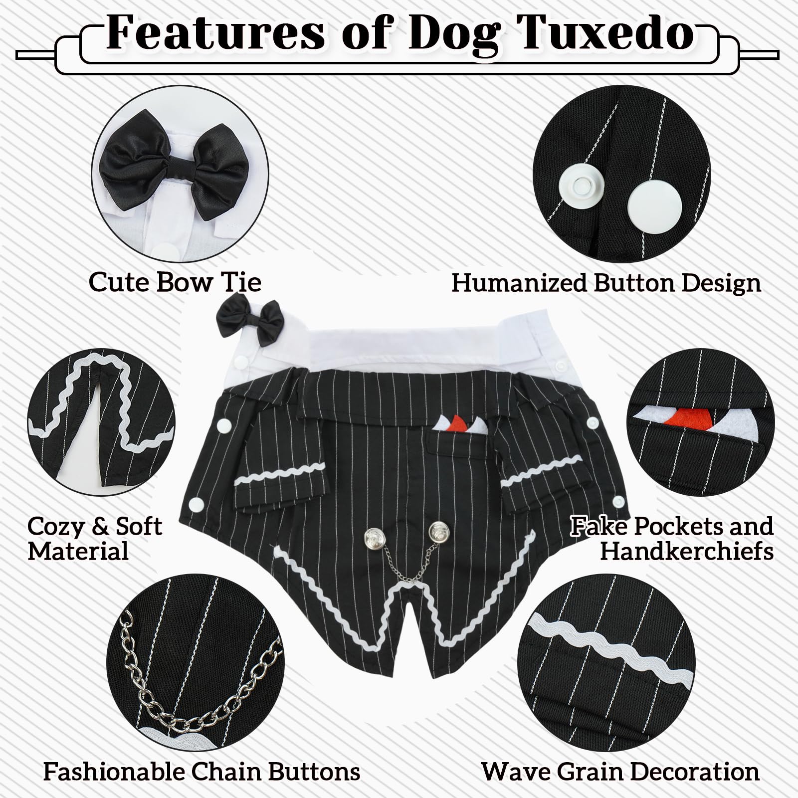 DENTRUN dog tuxedo pocket-stitching detail enhances refined formal vibe.