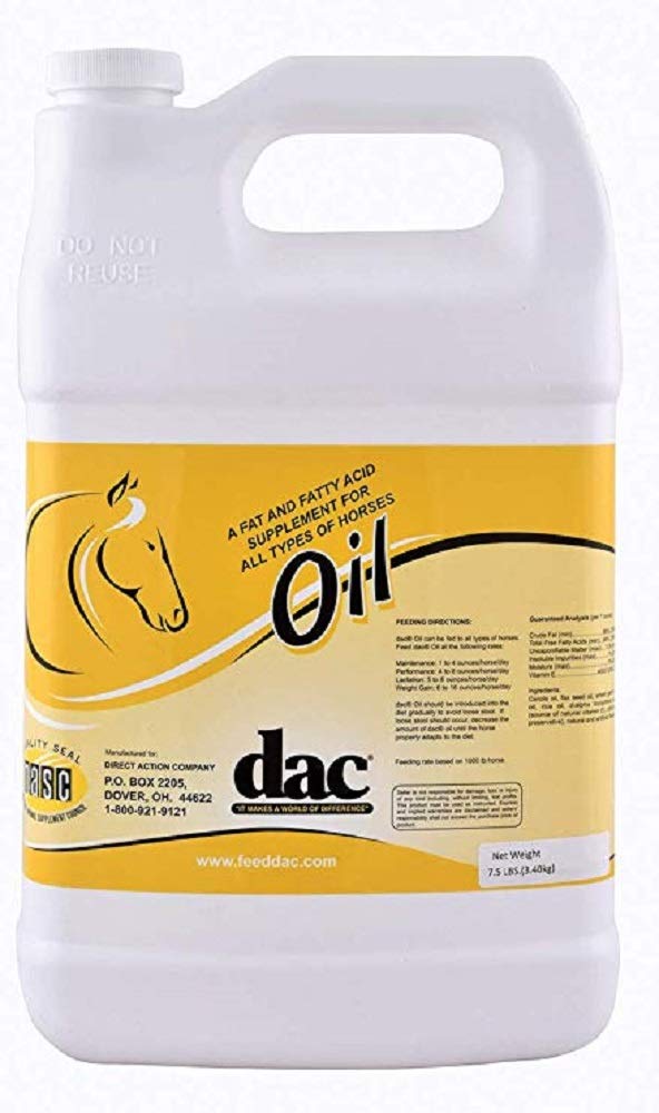 DAC Oil gallon jug for horses supports coat health and weight gain during exercise.
