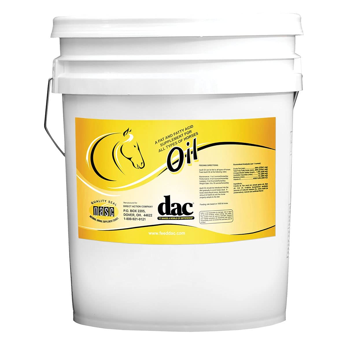 DAC Oil Supplement for Horses 5-gallon pail promoting a glossy coat and omega-3 support.