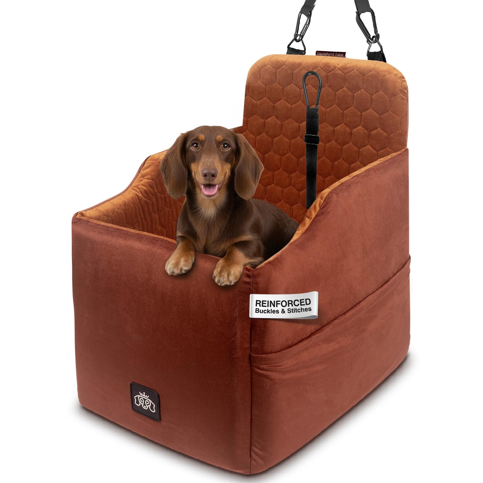 Dachshund Tribe car seat in royal brown cover for a snug dog fit.