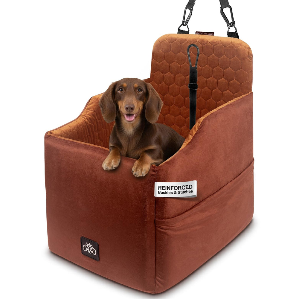 Dachshund Tribe car seat in royal brown cover for a snug dog fit.