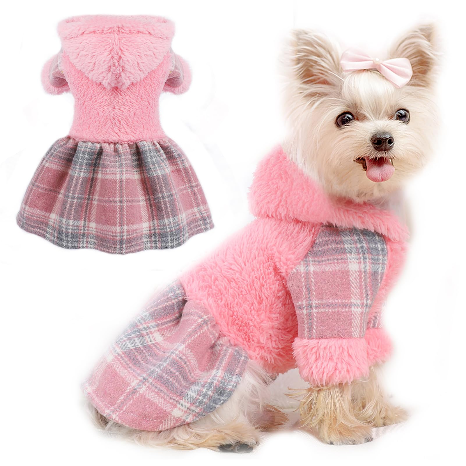 DaFuEn dog hoodie dress pink plaid front view for cute winter warmth during walks