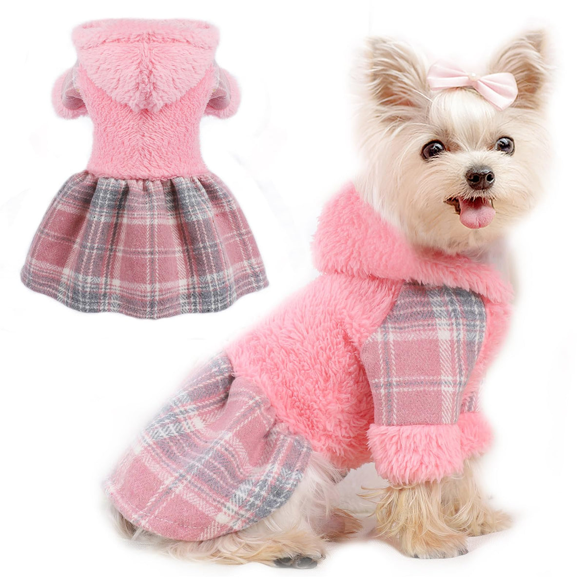 DaFuEn dog hoodie dress pink plaid front view for cute winter warmth during walks