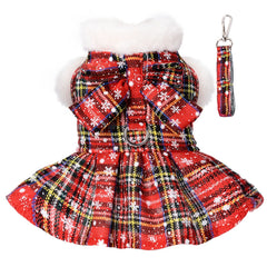 DaFuEn dog sweater dress front view in red plaid for small breeds, warm and stylish