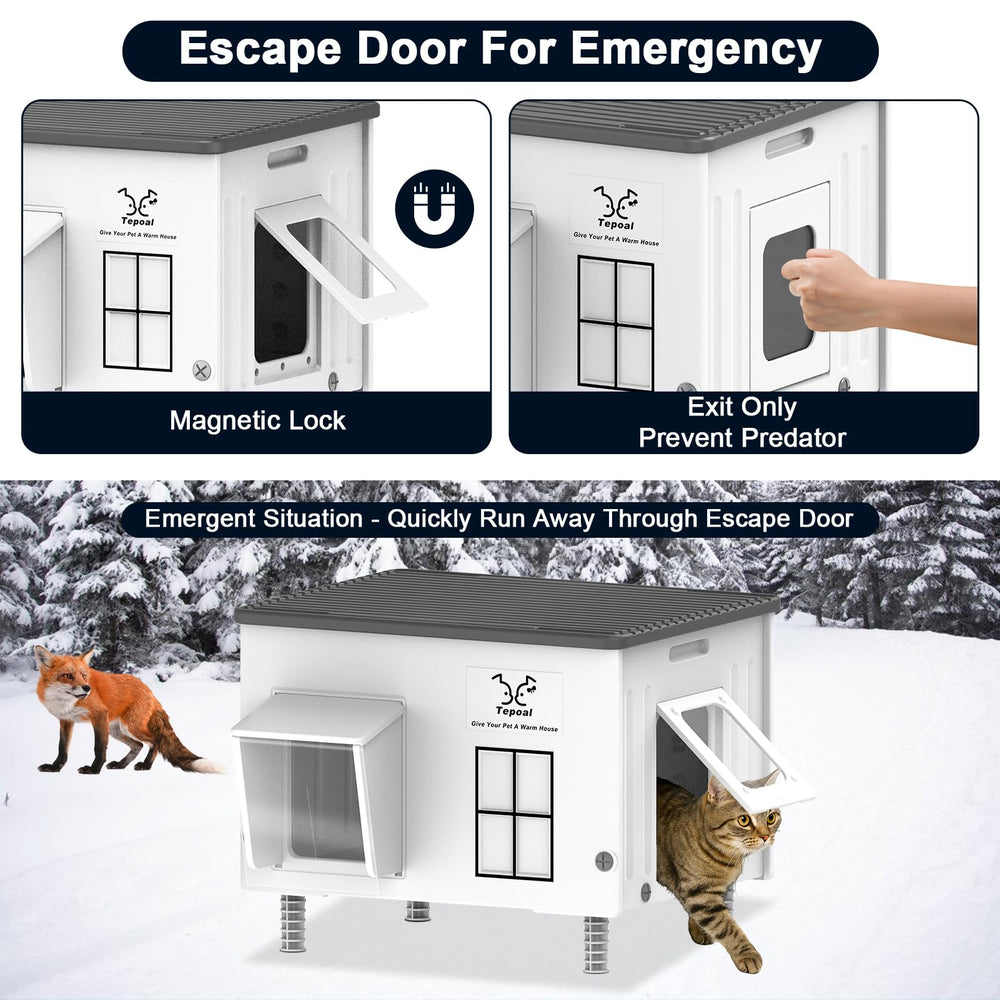 Dahivs Indestructible Heated Cat House insulated walls retain heat for cozy shelter.