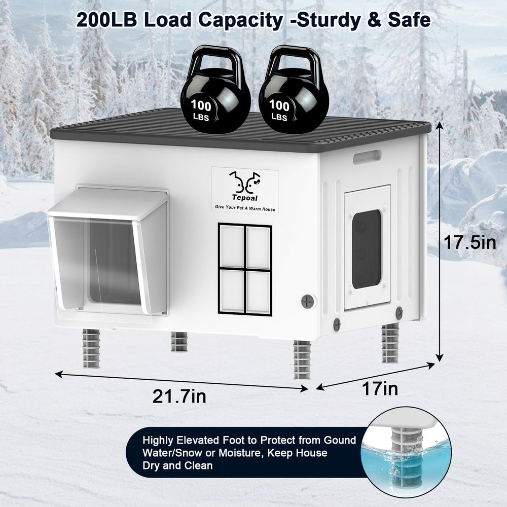 Dahivs Indestructible Heated Cat House side view highlights thick insulation for cold days.