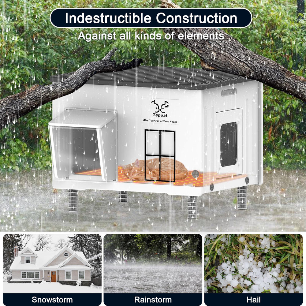 Dahivs Indestructible Heated Cat House waterproof awning blocks rain infiltration.