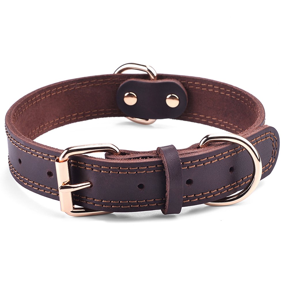 DAIHAQIKO genuine leather dog collar closeup in brown showing soft, durable daily-wear comfort