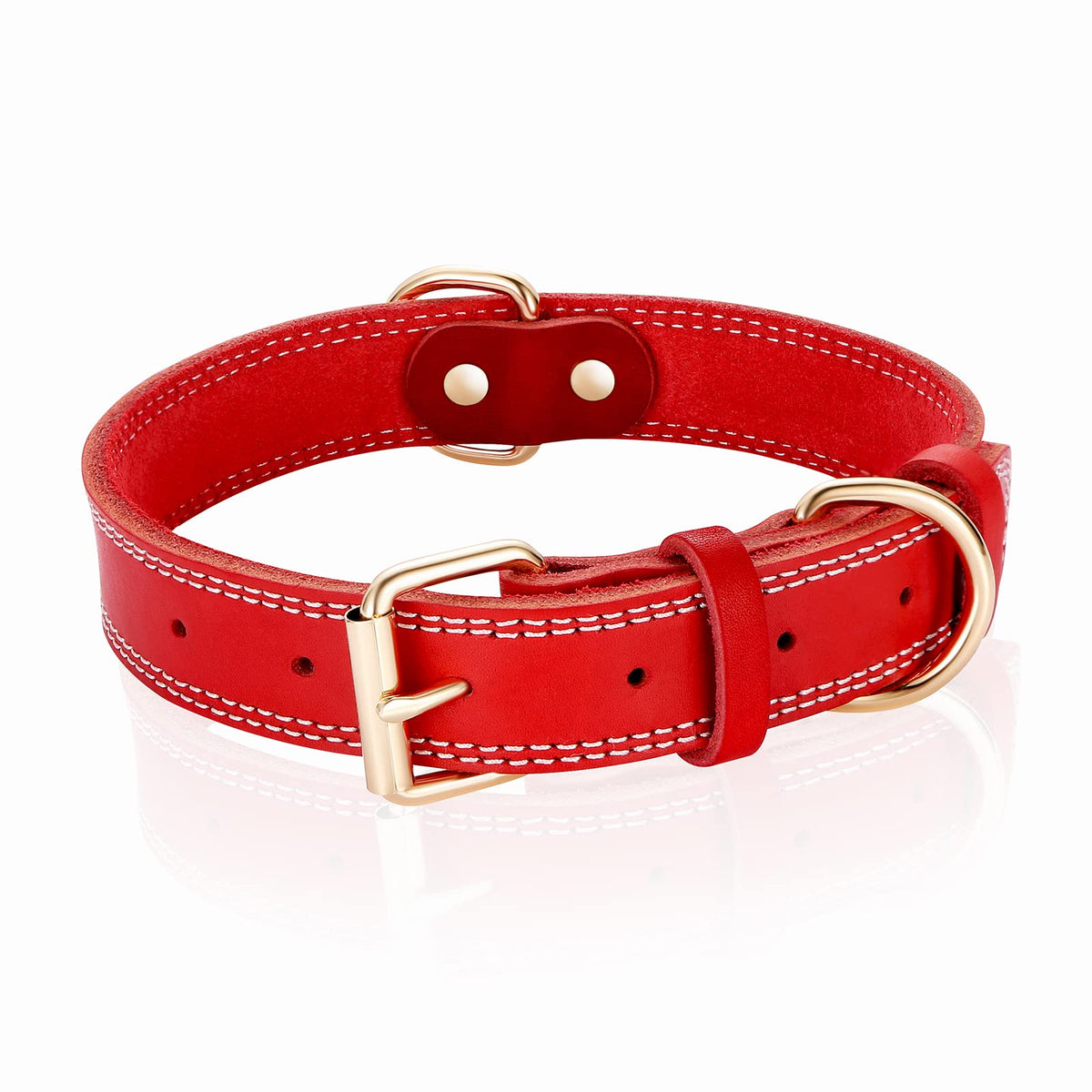 DAIHAQIKO genuine leather dog collar closeup in red for refined style