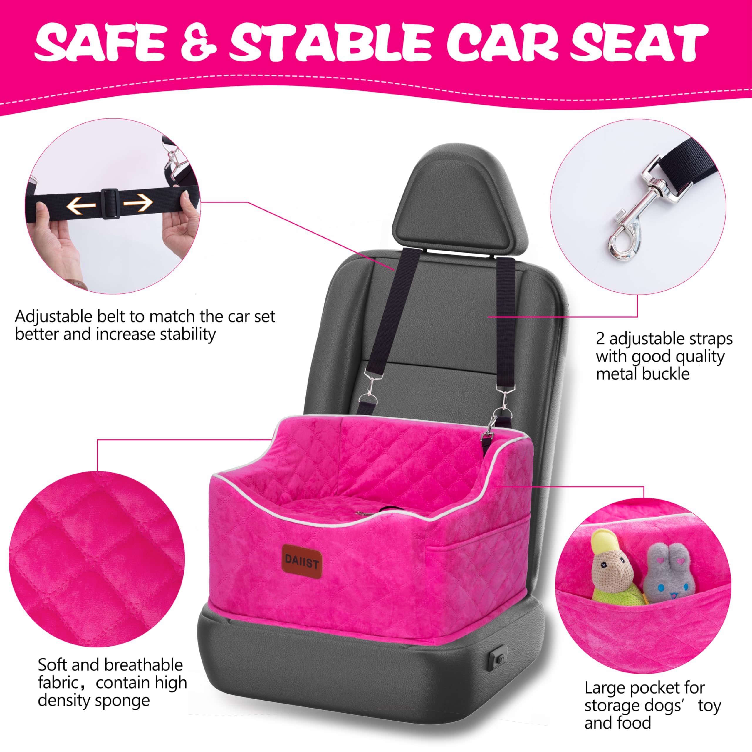DAIIST blue dog car seat front view with belt-access holes for safety