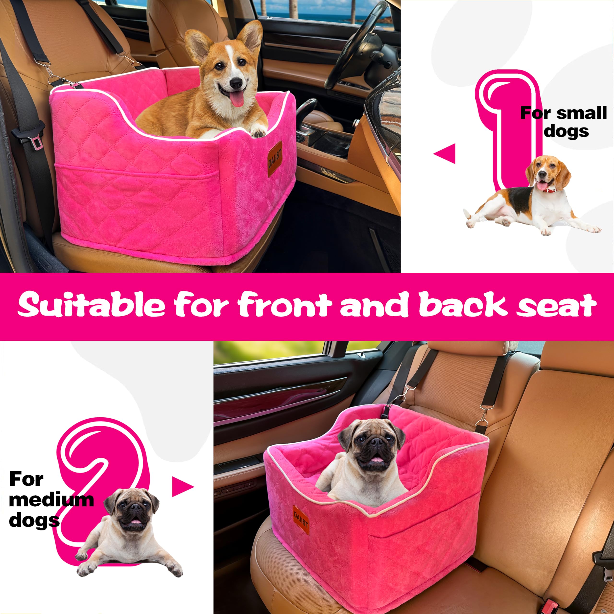 DAIIST dog car seat measures 19x17x17 inches for dogs under 35 lbs