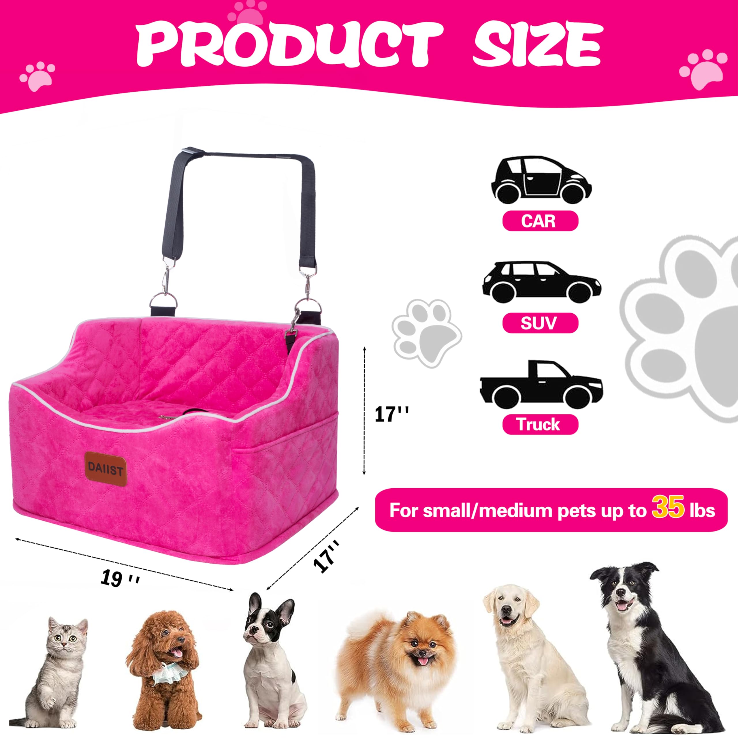 DAIIST 19x17x17 seat fits small-to-medium dogs under 35 lbs.