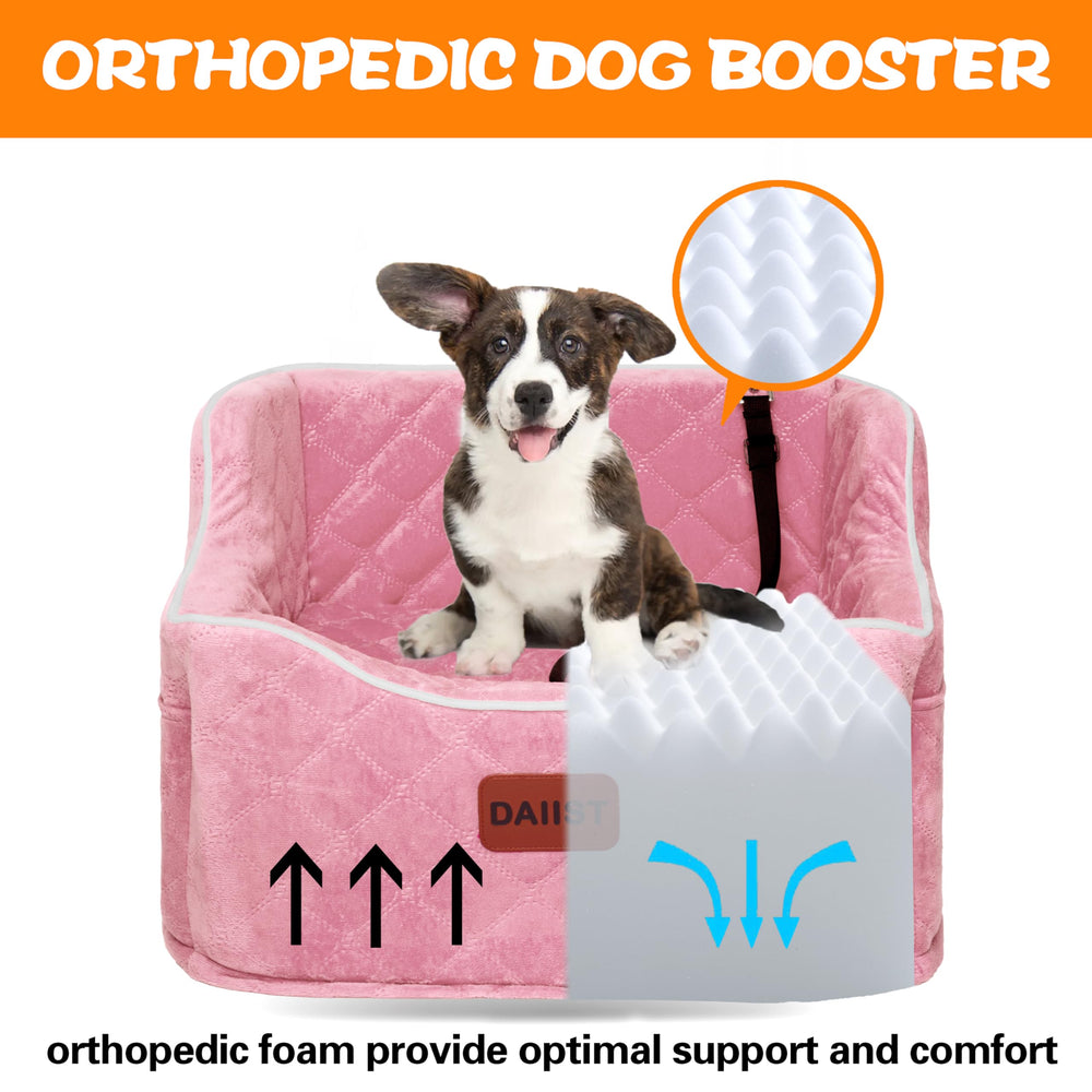 DAIIST memory-foam booster seat highlights premium support for small to medium dogs.