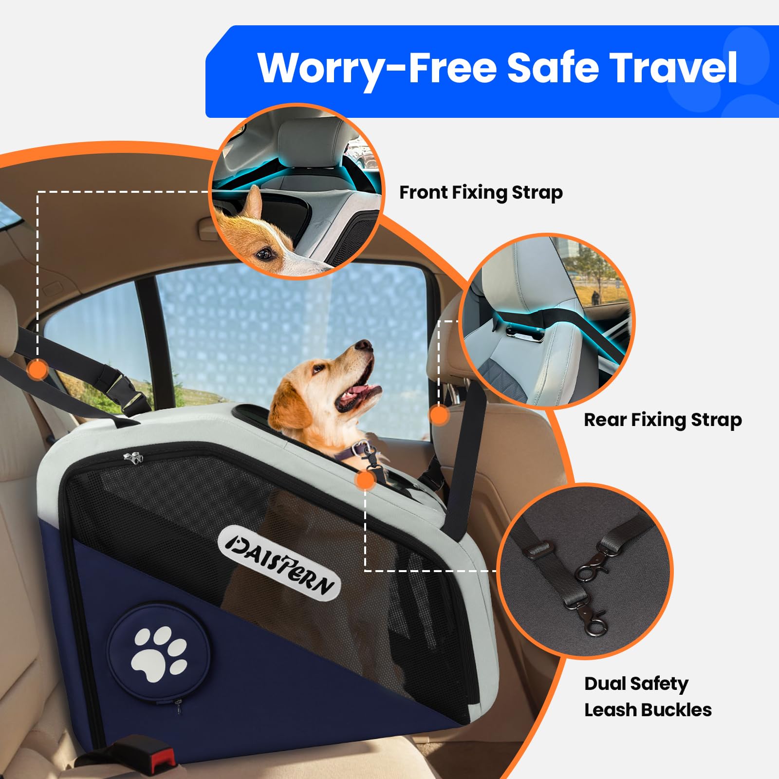DAISTERN collapsible dog crate in car backseat blue helps keep interior clean and organized.