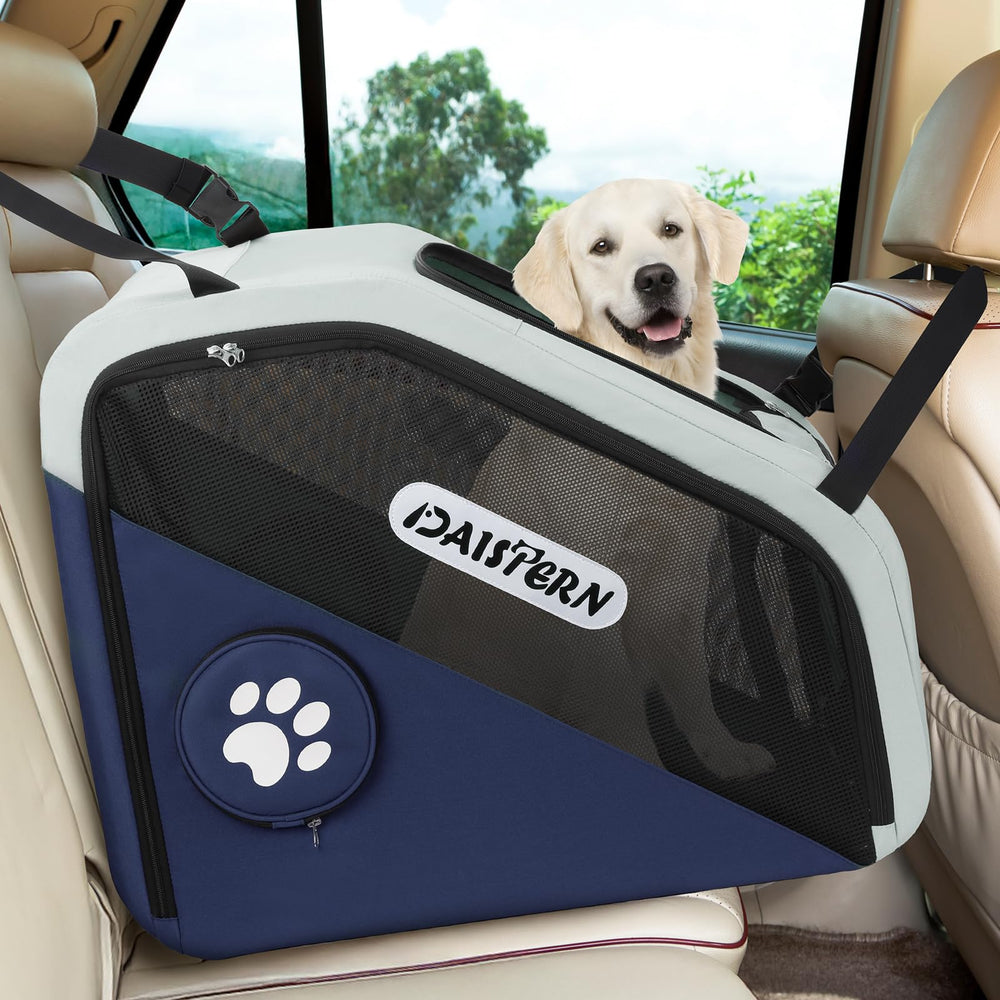 DAISTERN collapsible dog crate front view blue for secure travel and easy anchoring.