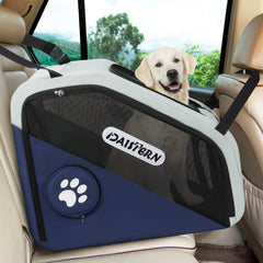 DAISTERN collapsible dog crate front view blue for secure travel and easy anchoring.