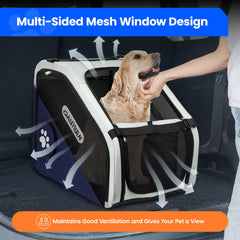 DAISTERN collapsible dog crate open door blue demonstrates quick access for feeding or comforting.