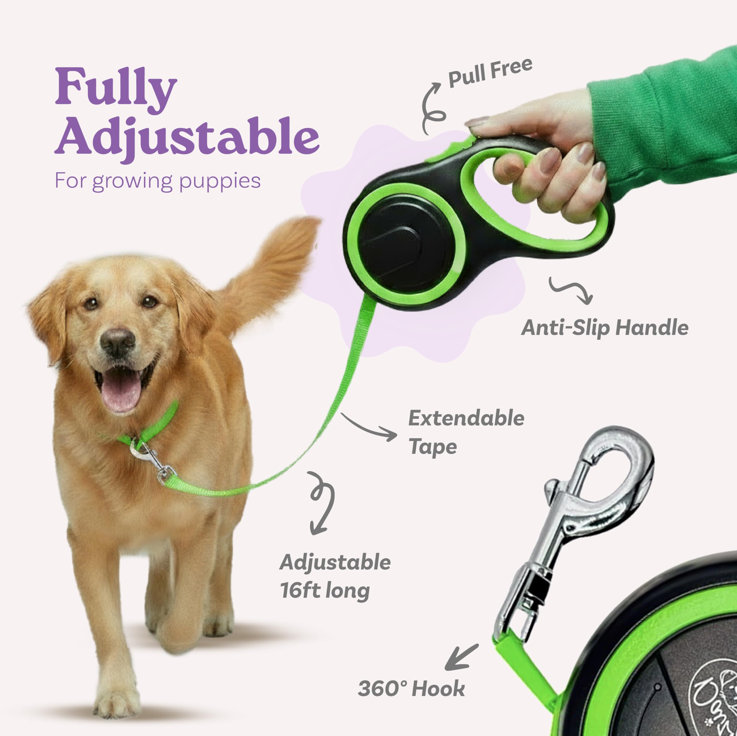 Daizzy Gear retractable dog leash 16ft shows tangle-free mechanism for smoother outings.