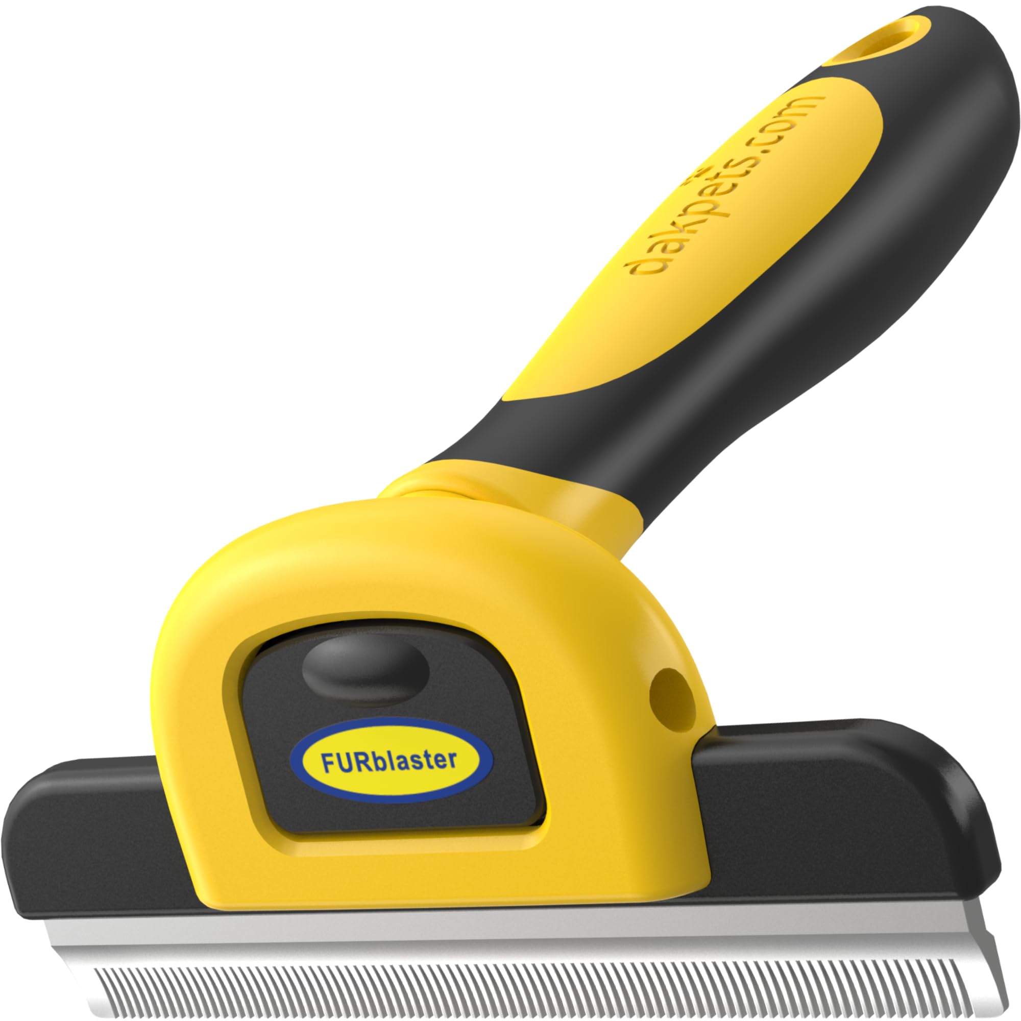 DakPets deshedding brush handle demonstrates ergonomic grip for comfortable grooming sessions.