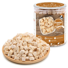 Dancing Tail freeze-dried chicken cubes in a 5oz bag, premium nutrition for training
