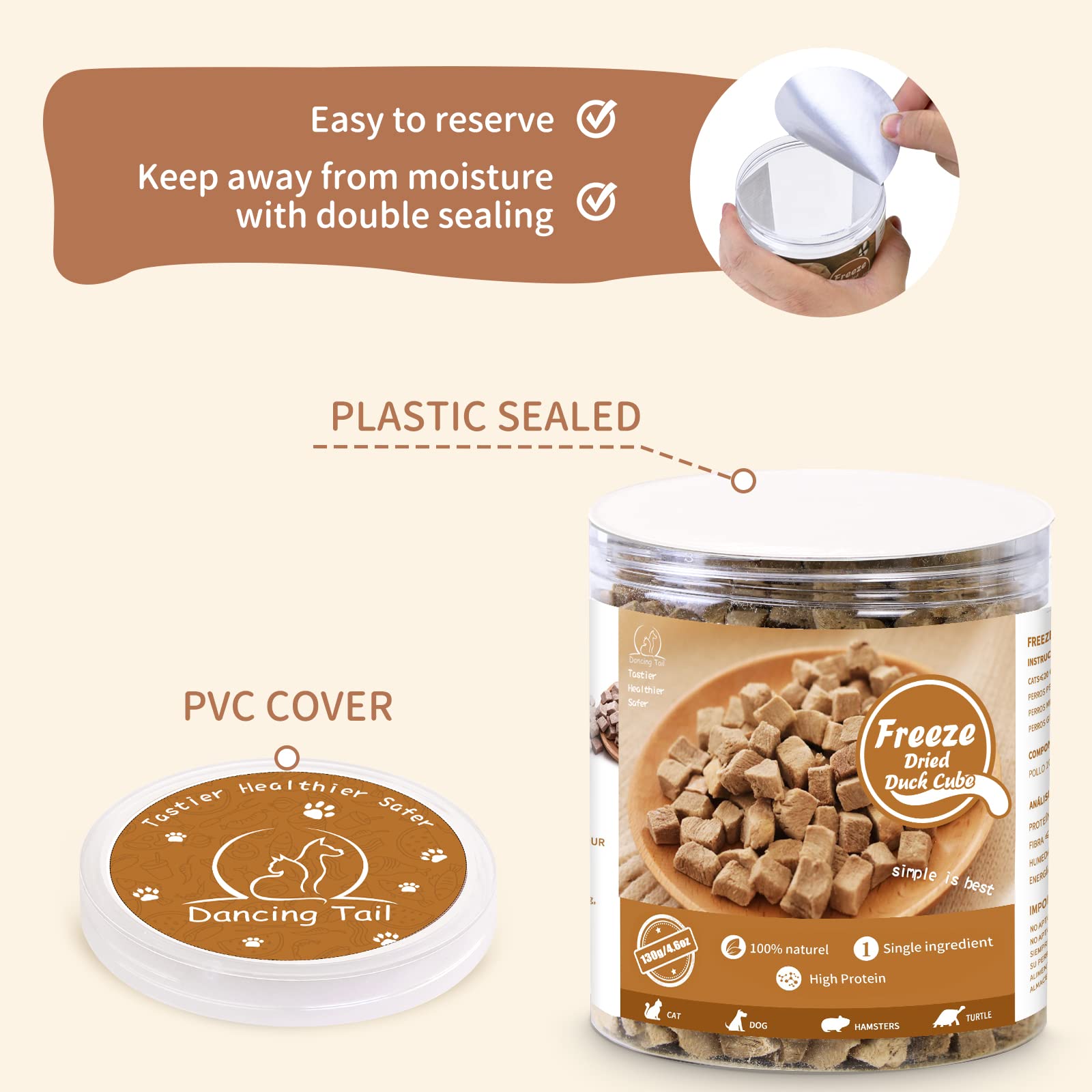 Dancing Tail label highlights nutrition and 95 percent moisture removal.