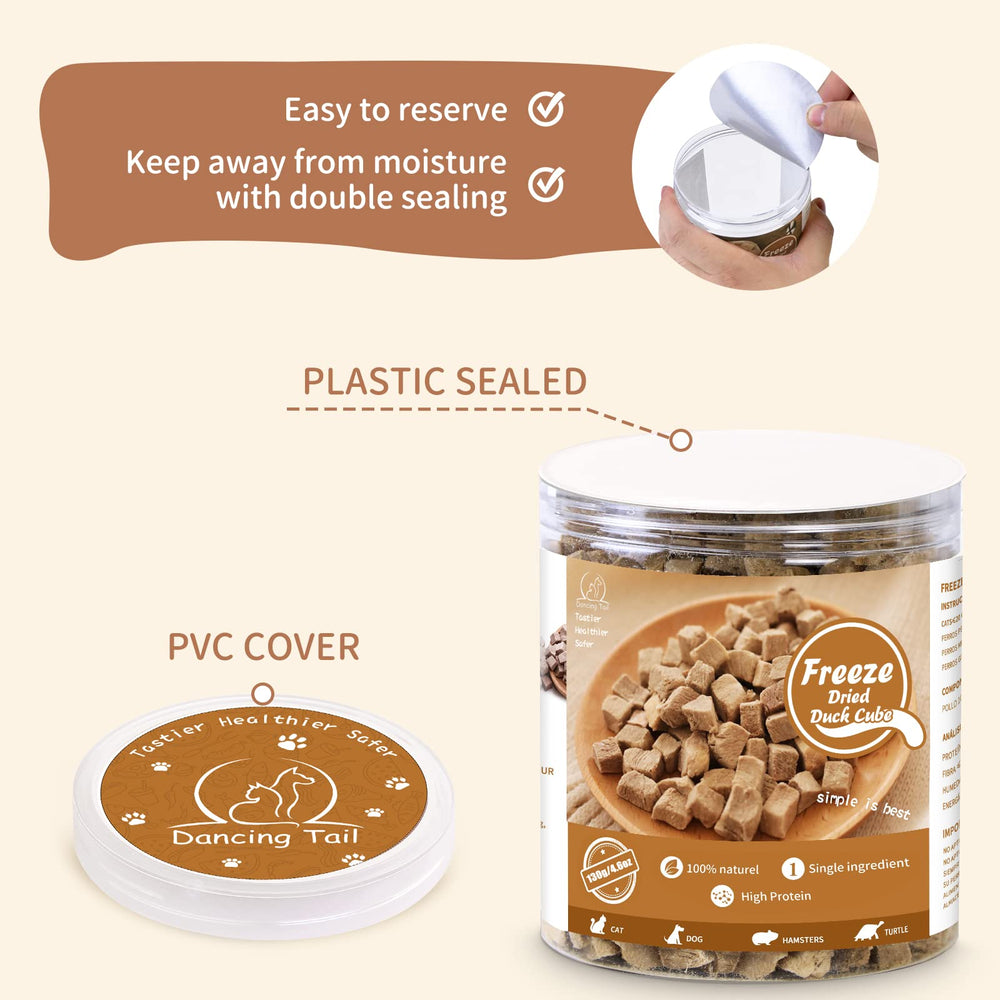 Dancing Tail label highlights nutrition and 95 percent moisture removal.