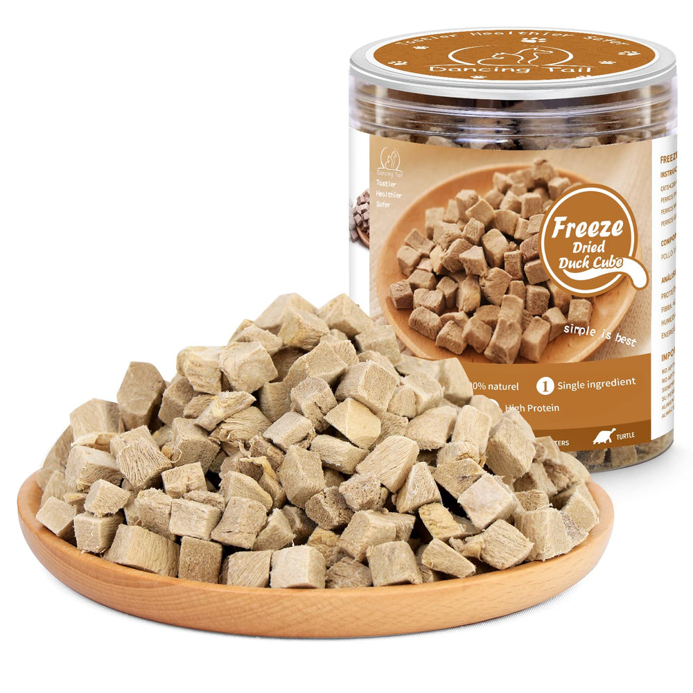 Dancing Tail freeze-dried duck cubes packaging highlights premium ingredients for picky eaters.